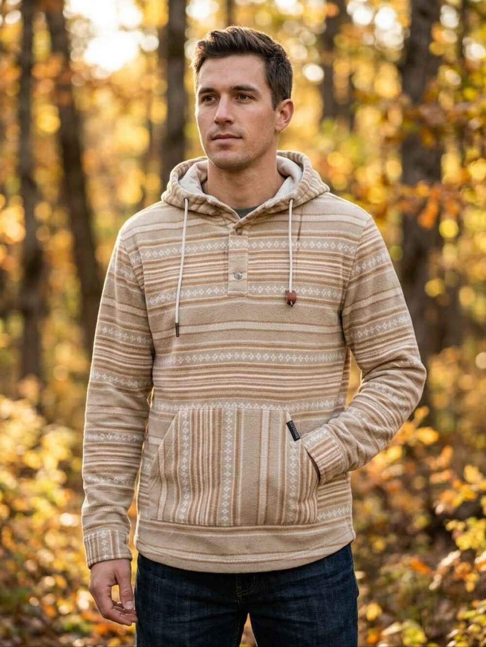 Levitate Baja Fleece Hoodie Tan Cream Southwestern Pattern Unisex Size Medium